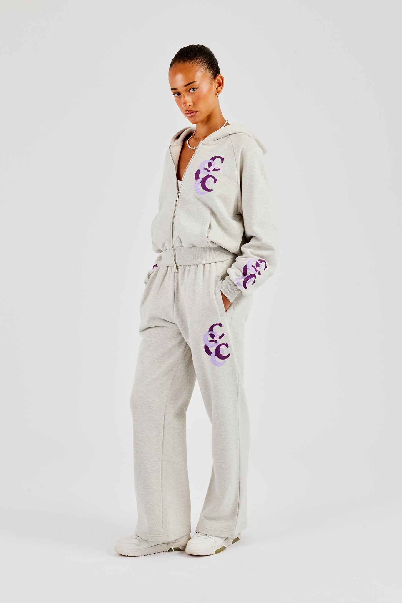 Cropped Layered Applique Zip Hoodie & Wide Leg Jogger - Ash Grey